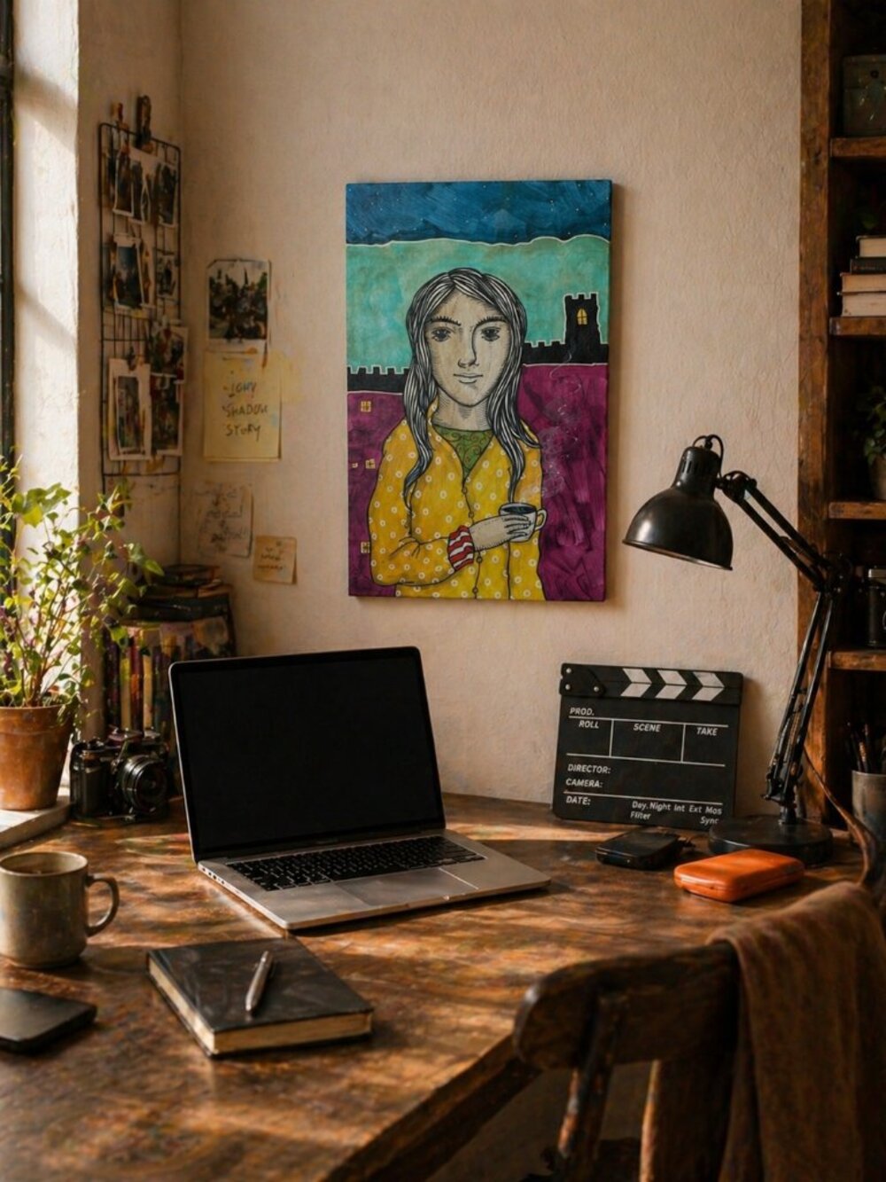 Whimsical Surreal Folk Art Female Portrait Wood Painting Storybook Outsider Art